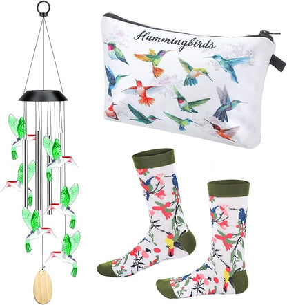 Wenqik 3 Pcs Christmas Hummingbird Gifts Set for Women Include Hummingbird Solar Wind Chimes Socks Makeup Bag Gift for Humming Bird Lover Mother Mom Grandma Wife Sister Her Birthday Xmas Gifts