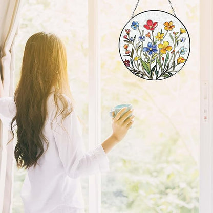 Flowers Sun Catcher Stained Glass Window Hanging Flower Decor Gifts for Women Wall Decor Handmade Sun Catcher Botanical Decoration for Home Garden Housewarming Gifts