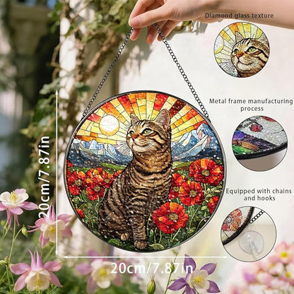 Stained Glass Suncatcher Window Hanging, 7.8 Inch Handmade Sunflower Garden suncatchers, Suncatcher Home Decor,Gift for Women, Mom, Grandma (Cat)