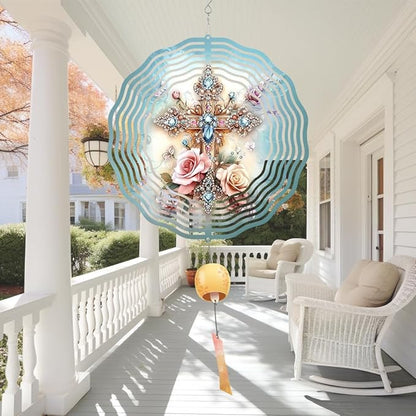 Cross Flower Wind Spinner, Metal Wind Spinners Outdoor/Indoor, God Cross Hanging Garden Decor for Outside, Stainless Wind Spinners for Yard and Garden 10 inch 3D (25.76X25 CM)