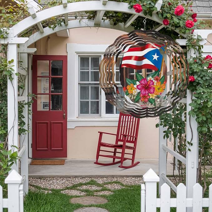 Wind Spinners for Yard and Garden - 3D Stainless Steel Hanging Spinners Indoor/Outdoor Kinetic Yard Art - Round Wind Chime 7.8 Inch, Puerto Rico Flag and Hibiscus in Barn