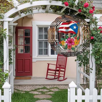 Wind Spinners for Yard and Garden - 3D Stainless Steel Hanging Spinners Indoor/Outdoor Kinetic Yard Art - Round Wind Chime 7.8 Inch, Puerto Rico Flag and Hibiscus in Barn