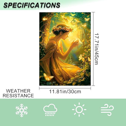 IVN Enchanted Fairy Garden Flag 12x18 Spring Outdoor Yard Flag with Flower Crown Fairy & Glowing Butterflies Double Sided Seasonal Lawn Decor for Garden Porch or Patio