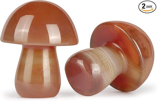 2Pcs 1.7" Red Banded Carnelian Agate Crystal Mushroom Sculpture Decor Mini Mushroom Gifts Cute Home Decor Living Room Decorations Fairy Garden Accessories
