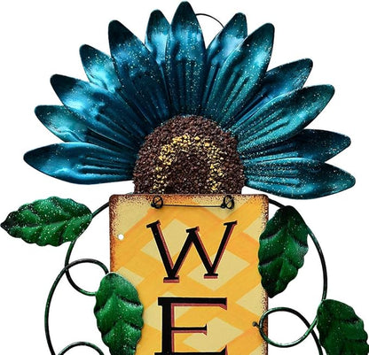 Metal Welcome Sign Hanging Flower Signs Wreath Decor - Rustic Decorative Door Hanger Indoor Outdoor Spring Decoration for Front Door Porch Wall (Blue)