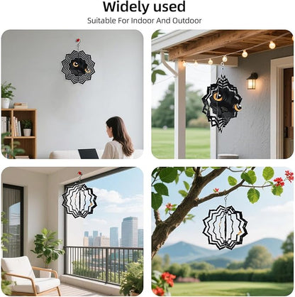 8 Inch Sublimation Wind Spinner, 3D Aluminum Metal Wind Spinner with Hook, Indoor Yard Garden Hanging Decoration, Weather Resistant Rotating Spiral Ornament, Black Cat's Eyes
