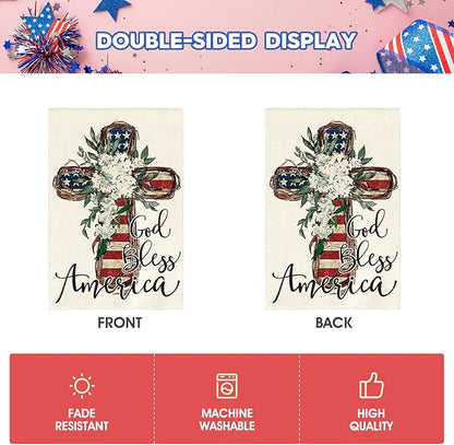 AVOIN colorlife God Bless America Stars and Stripes Garden Flag 12x18 Inch Double Sided, Memorial Day 4th of July Patriotic Lily Cross Yard Outdoor Decoration
