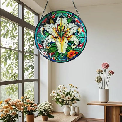 Colorful 7.87'' Lily Flowers Stained Glass Window Hanging - Sun Catcher for Indoor Window Decor, Garden, or as Thoughtful Gifts for Women, Wife, Mom on Party, Birthday, Housewarming