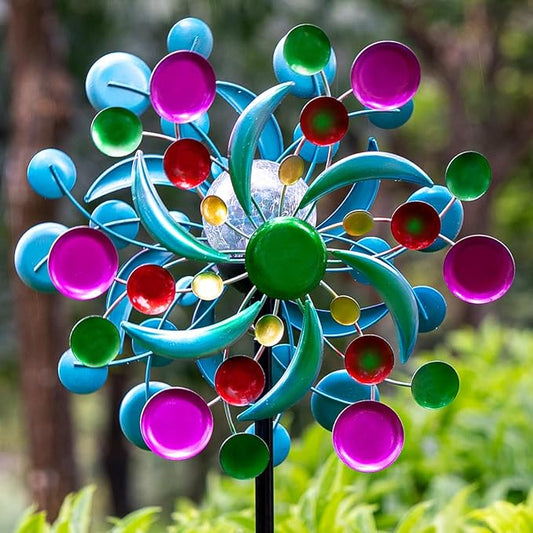 Solar Wind Spinners Outdoor - Wind Sculptures & Spinners, 60.6 Inch Windmill Kinetic Yard Art Decor with Stake, Wind Spinner for Yard and Garden Lawn Farmhouse (Circle)