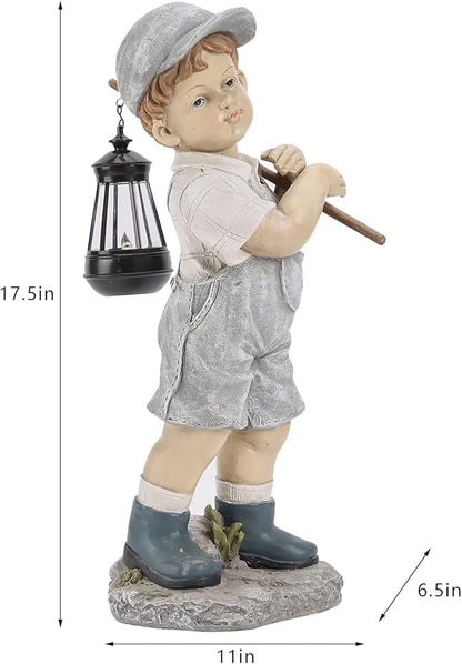 Solar Boy Statue, Boy Garden Statues with Solar Lantern for Garden, Patio, Lawn, Yard, Housewarming, Hand-Painted Sculpted Figure, 17.5”H