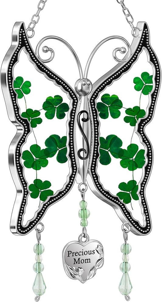 KY&BOSAM Shamrock Butterfly Suncatcher Precious Mom Gifts Irish Celtic for Window Hanging Wind Chime Real Flower Wings with Metal Charm Gifts for Women St Patrick's Mothers Day Birthday Christmas