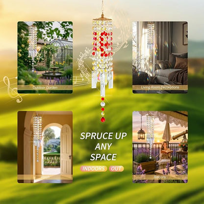Crystal Wind Chimes for Outside with Rainbow Light Reflections Glass Bells and Rose Gold Alloy Hooks Indoor Outdoor Decor for Home Garden Patio Porch Birthday House Warming (Red-Love)