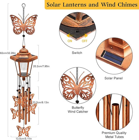 Large Solar Butterfly Wind Chimes with Wind Catcher/Solar Decor Light to Create a Zen Atmosphere Decor for Outdoor Garden Balcony, Classic Bronze Wind Chimes, Gifts for Mom Grandma Women Wife Daughter