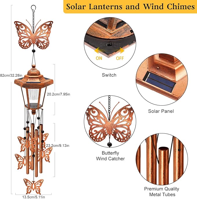2 Pack Solar Butterfly Wind Chimes with Wind Catcher/Solar Decor Light to Create a Zen Atmosphere Suitable for Outdoor, Garden, Patio Decor Classic Bronze Wind Chimes as A Memorial Gift for Unisex