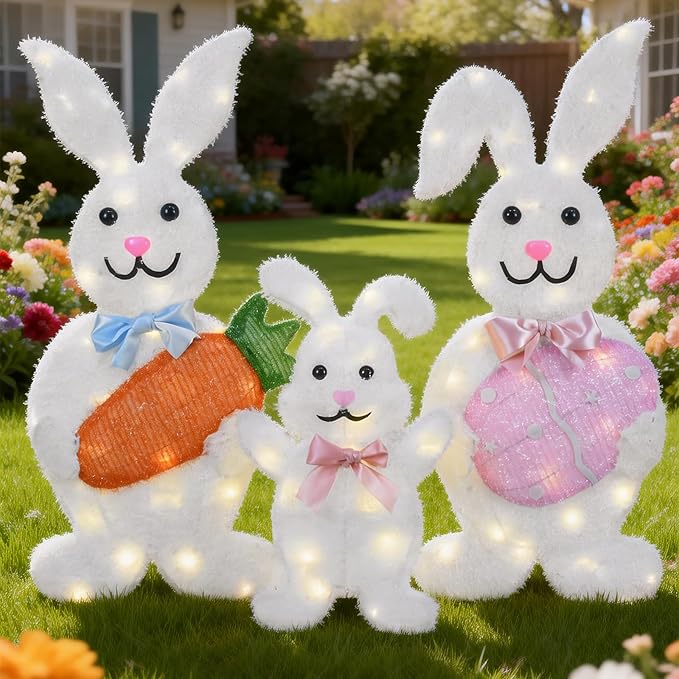 Outdoor Lighted Easter Bunny Yard Decorations, Metal Bunny Family Set of 3, Plug-in Pre-Lit LEDs for Lawn Garden Front Porch