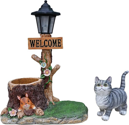 20" Solar Cat Garden Statue with Welcome Sign & Planter - Large Cat Sculpture with LED Street Lantern - Weatherproof Resin Decorative Flower Pot for Porch, Yard & Patio - Pet Lover Gift