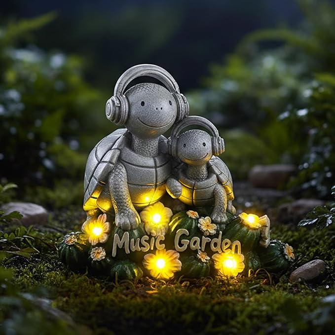 Solar Garden Turtle Statue 5.9"with Headphones,Solar Statue with 5 LED Lights,Anti-Fade Stone Texture Turtle Gifts for Women Men Mom Dad,Unique Resin Lawn Ornaments for Patio Yard Lawn Balcony