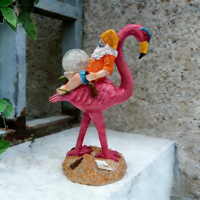 Solar Gnome with Flamingo - Funny Outdoor Garden Decor Statue with Glass Ball Light, Automatic LED Illumination for Patio, Yard, Lawn