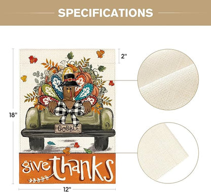 AVOIN colorlife Give Thanks Thanksgiving Garden Flag 12x18 Inch Double Sided Outside, Gobble Turkey Truck Rustic Yard Outdoor Flag