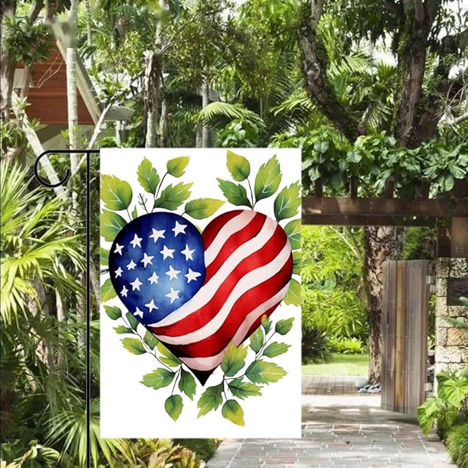 Gkyygk Welcome Patriotic Heart Green Leaf Welcome Garden Flag 12x18 Inch Double Sided Seasonal Yard Burlap Banners Outdoor Flag for Men Women