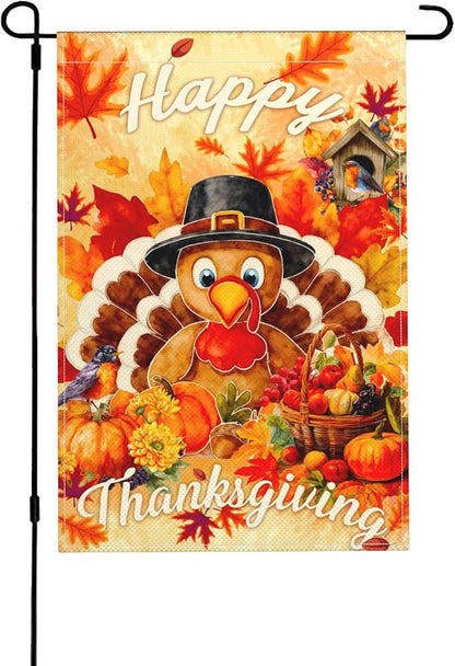 Thanksgiving Turkey Pumpkin Garden Flag Seasonal Double Sided 12 x 18 Inch Small Yard Flag for Indoor Outdoor Decor Holiday All Seasons