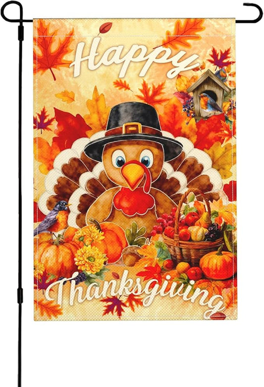 Thanksgiving Turkey Pumpkin Garden Flag Seasonal Double Sided 12 x 18 Inch Small Yard Flag for Indoor Outdoor Decor Holiday All Seasons