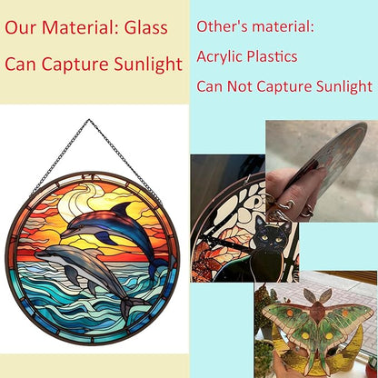 Jumping Dolphin Pattern Suncatcher Stained Glass,Hanging Stained Glass for Windows,20cm/7.87inch Sun Catcher Garden Hangings Ornaments Halloween Fall Christmas Decor for Home