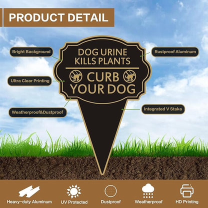 Double Sided Yard Sign, Dog Urine Kills Plants, Curb Your Pet Lawn Marker, 14”x10” No Peeing & No Pooping Yard Stake with Integrated Mount for Outdoor Use (Dog Urine Kills Plants)