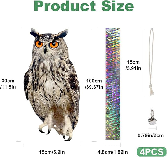 4PCS Hanging Effective Fake Owl Control Device Dual-Side Outdoors Owl with Reflective Tape for Patio Yard Outdoor Front Porch Backyard Windows