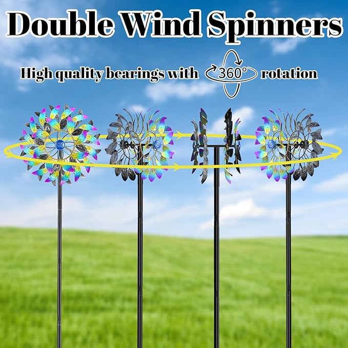 Metal Outdoor Wind Spinner, 2-Way Wind Sculpture Spinner with Metal Stake, Waterproof 360 Degrees Kinetic Windmill Art Decoration for Patio Garden Lawn (A- Colorful)