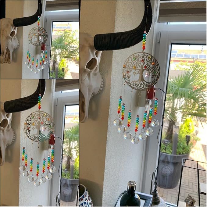 Hanging Crystal Suncatcher Rainbow Window Prism Chakra Tree of Life 7 Prism Ball Suncatcher Rainbow Maker Handmade Glass-gem Binding Gifts for Girl, Mom and Daughters, Grandma by KEINIA
