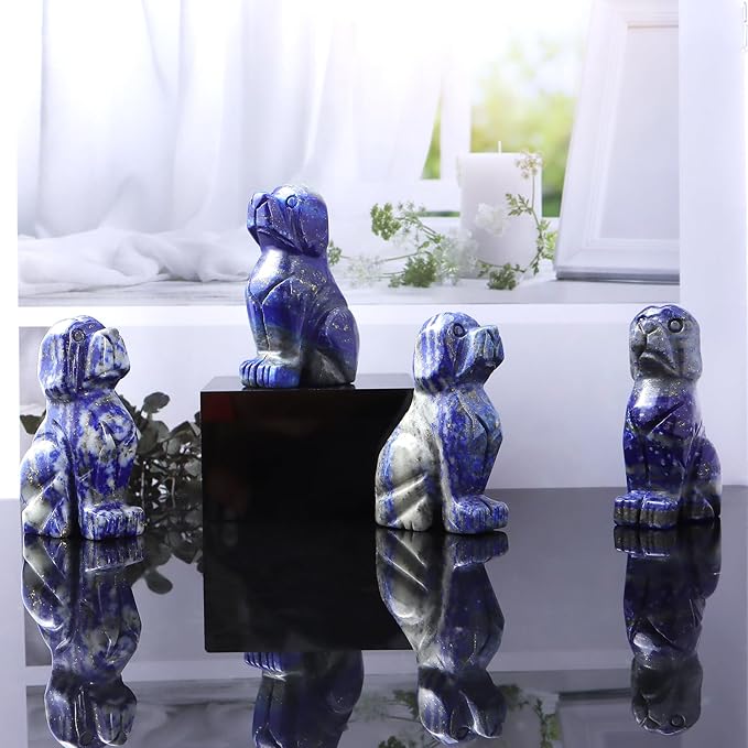 SMQ 2" Crystal Dog Figurine,Polished Mini Carved Lapis Lazuli Puppy Pet Animal Carvings Collecitble for Home Decor Gifts