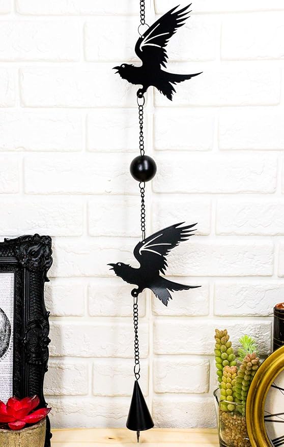 Ebros Harbinger of Doom Raven Crow Black Coated Steel Metal Wall Hanging Wind Chime with Beads Home and Patio Decor Bad Omen Macabre Edgar Poe Ravens Mobile Noisemaker