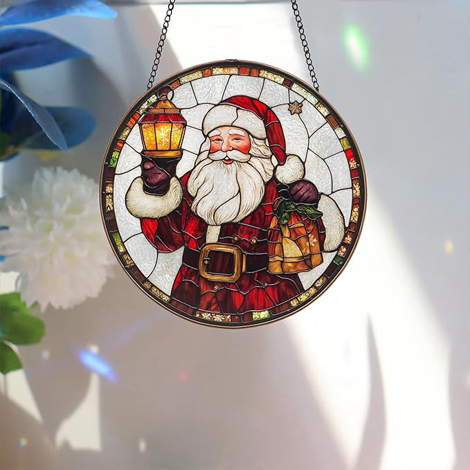 Bimkole Santa Claus Stained Glass Suncatcher Window Hanging - Christmas Indoor Window or Doorway Decoration - Handmade Sun Catcher Decor for Garden Home Christmas & Birthday Gifts 7.87x7.87 inch