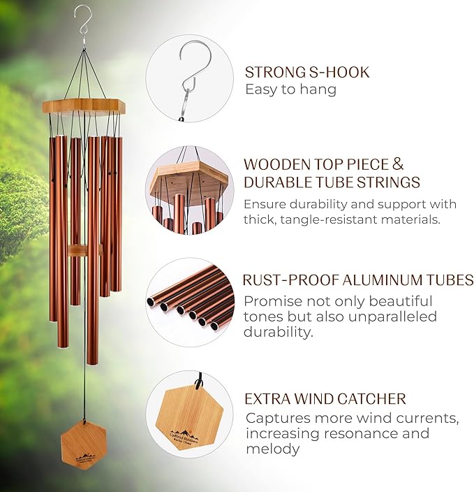 Red Deep Tone Wind Chime – Outdoor Sympathy & Memorial Gift for the Loss of a Loved One, Memorial Wind Chimes, Thoughtful Sympathy Gift for Bereavement and Remembrance. 29" Copper Red