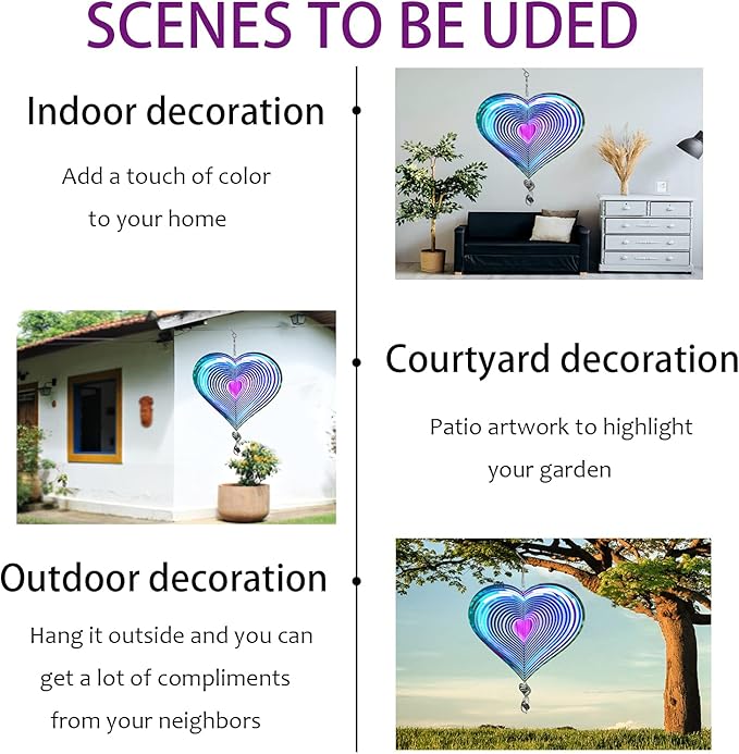 3D Stainless Steel Wind Spinners for Outdoor Yard Decor, Hanging Heart-Shaped Garden Ornaments, Reflective Metal Wind Sculptures for Patio Lawn Decorations, 3 Pack Gift Set