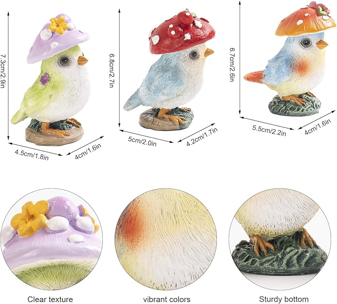 Set of 3 Mushroom Bird Figurines, Cute Resin Small Garden Statues, Outdoor Fairy Garden Accessories Patio Yard Lawn Decor, Indoor Flower Plant Pots Table Shelf Decorations for Home