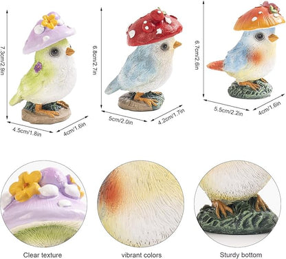 Set of 3 Mushroom Bird Figurines, Cute Resin Small Garden Statues, Outdoor Fairy Garden Accessories Patio Yard Lawn Decor, Indoor Flower Plant Pots Table Shelf Decorations for Home