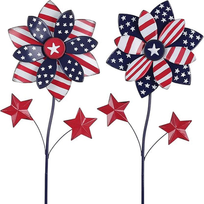 YEAHOME 4th of July Decorations Outdoor, 22.4" Set of 2 Red White Blue Metal Flowers Decorative Garden Stakes for Memorial Day Decorations, Yard Signs Patriotic Decorations for Garden Lawn Porch