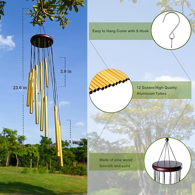 Wind Chimes Outdoor Clearance with 12 Aluminum Tubes and Hook, Outsie Wind Chime Gift Decoration for Garden Patio Balcony and Home （Gold）, WLM03