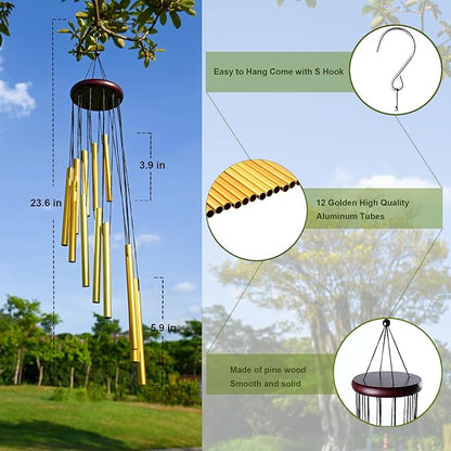 Wind Chimes Outdoor Clearance with 12 Aluminum Tubes and Hook, Outsie Wind Chime Gift Decoration for Garden Patio Balcony and Home （Gold）, WLM03