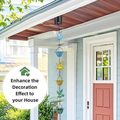 Rain Chains for Gutters, 7.87Ft Hummingbird and Cup Rain Chains for Gutters, Adjustable Rain Chimes for Outside Replacement Downspout for Gutters Eaves Drainage, Green