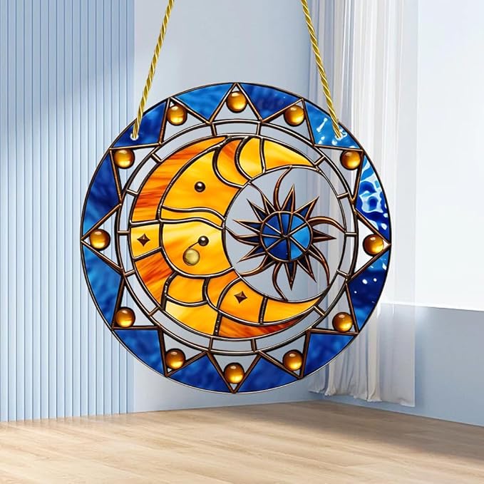 Sun and Moon Stained Window Hangings with Chain – Acrylic Retro Ornament for Garden, Patio and Indoor Decor, Housewarming Gift for Mom, Grandma and Space Lover