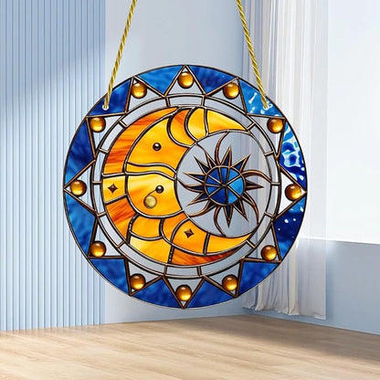 Sun and Moon Stained Window Hangings with Chain – Acrylic Retro Ornament for Garden, Patio and Indoor Decor, Housewarming Gift for Mom, Grandma and Space Lover