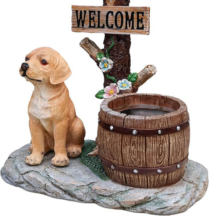 Solar Light Animal Outdoor Statue Planter with Welcome Sign, Resin Garden Sculpture Flower Pot for Patio Lawn Porch Yard Courtyard Decor, Weather-Resistant Decorative Figurine Accent (B)