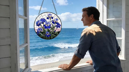 Stained Glass Window Hanging - Blue Iris Painting 6.3 Inches Suncatcher for Garden Home Decor for Women Mon Grandma Friends