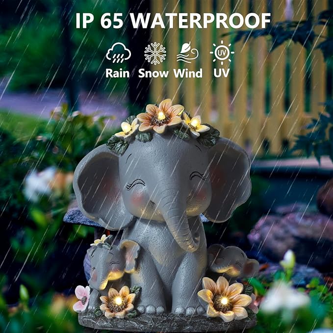 Spring Decorations Outdoor Easter Decor Gifts for Mom Women Elephant Solar Statues Patio Décor Grandma Sculptures for Lawn Balcony Yard House Warming Gifts New Home Mothers Day