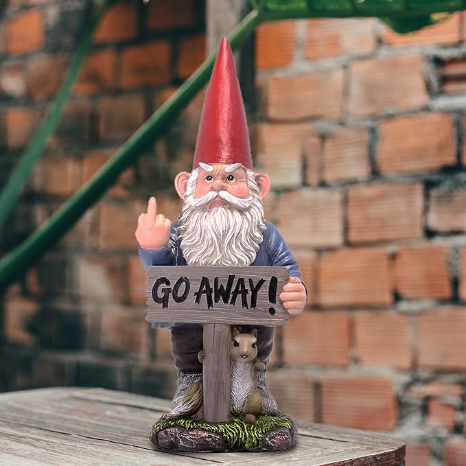 DWK Take A Hike Defiant Go Away Resin Garden Gnome Un-Welcome Sign - Red Hat Grumpy Rude Gesture Porch Statue - Standing 17.5 Inches Tall - Giving a One-Finger Salute