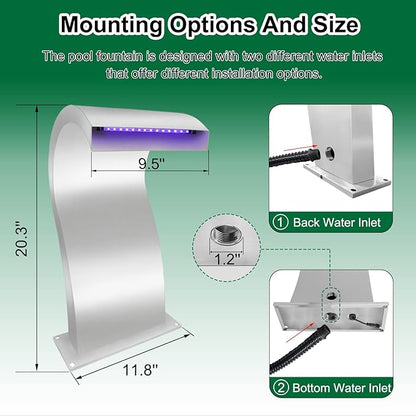 LONGRUN S-Shaped Waterfall Spillway Stainless Steel Swimming Pool Fountain, RF & APP Controled LED Light Outdoor Pond Waterfalls Kit for Garden Patio Swimming Pool Koi Ponds Decoration -20.2" Height