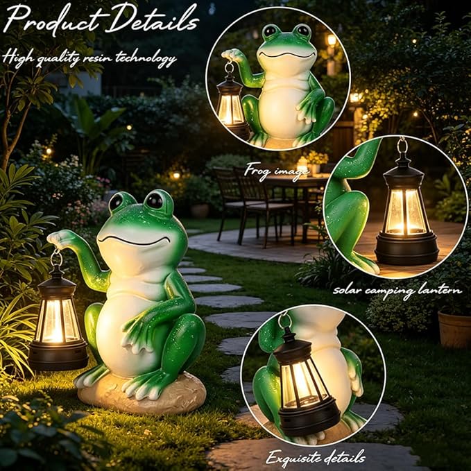 Solar Garden Frog Statue with Solar Lanterns Outdoor Frog Garden Decor Figurine Lights for Patio Balcony Shelf Tabletop Lawn, Unique Housewarming Birthday Thanksgiving Gifts for Women Mom